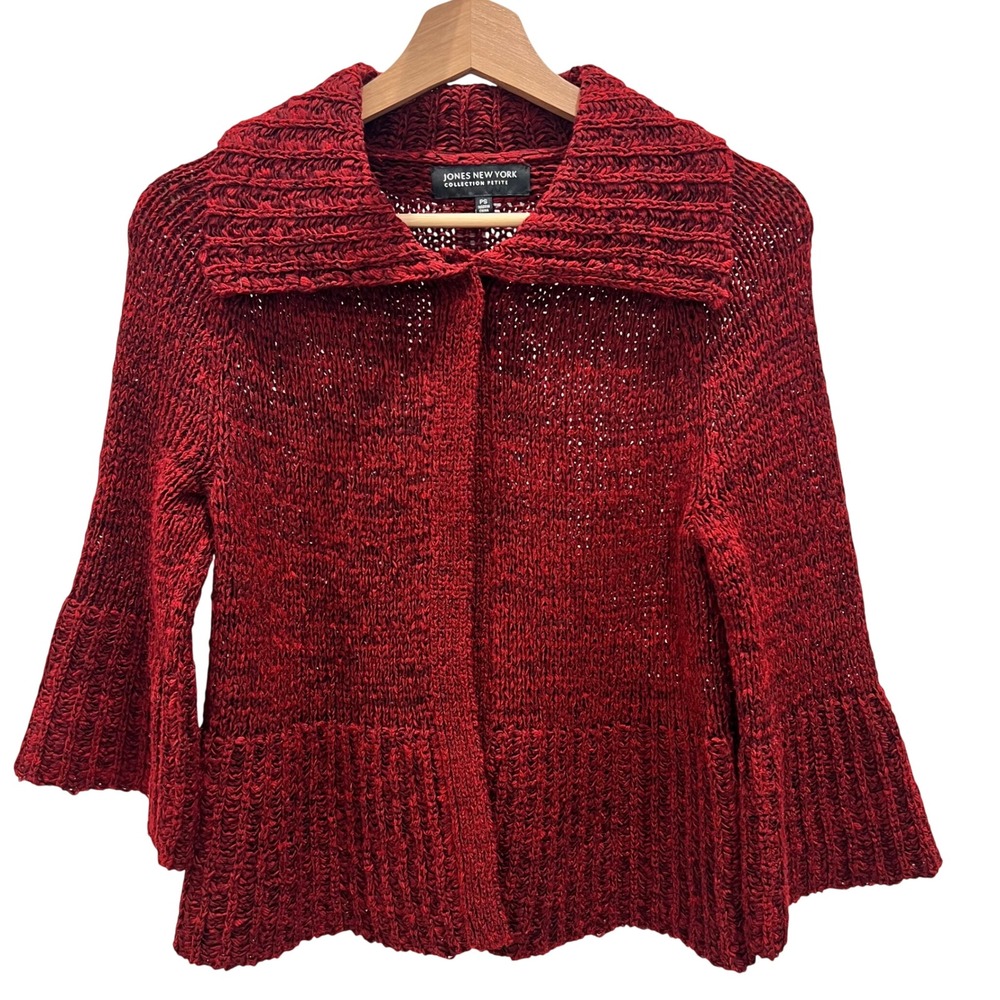 Women Chunky Marled Knit Red Bell Sleeve Cardigan Sz S Classic Preppy Romantic